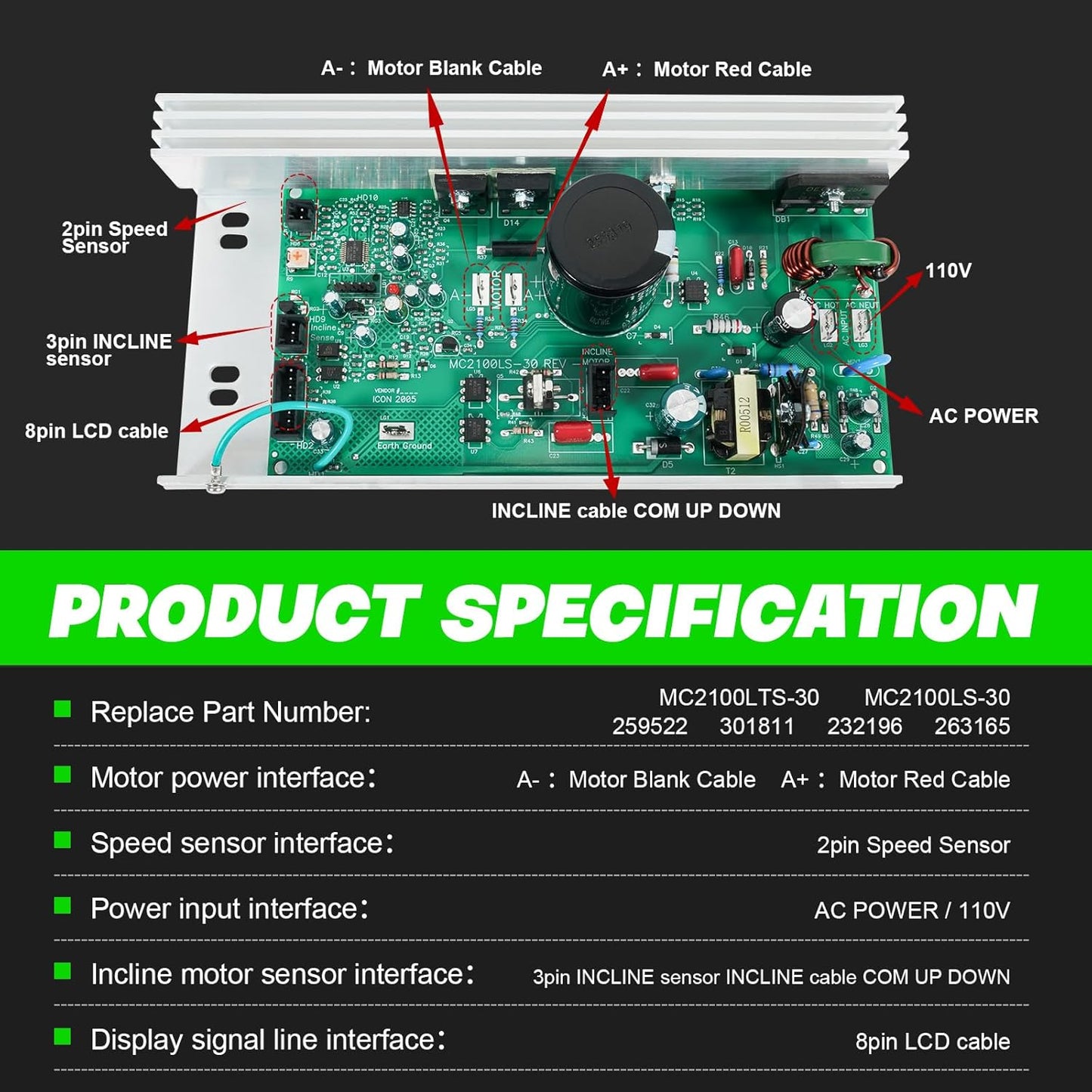 MC2100LTS-30 259522 Treadmill Motor Control Board, Treadmill Controller Motherboard Compatible with Epic, FreeMotion, Gold's Gym, Health Rider, ProForm, Reebok (Icon) Models